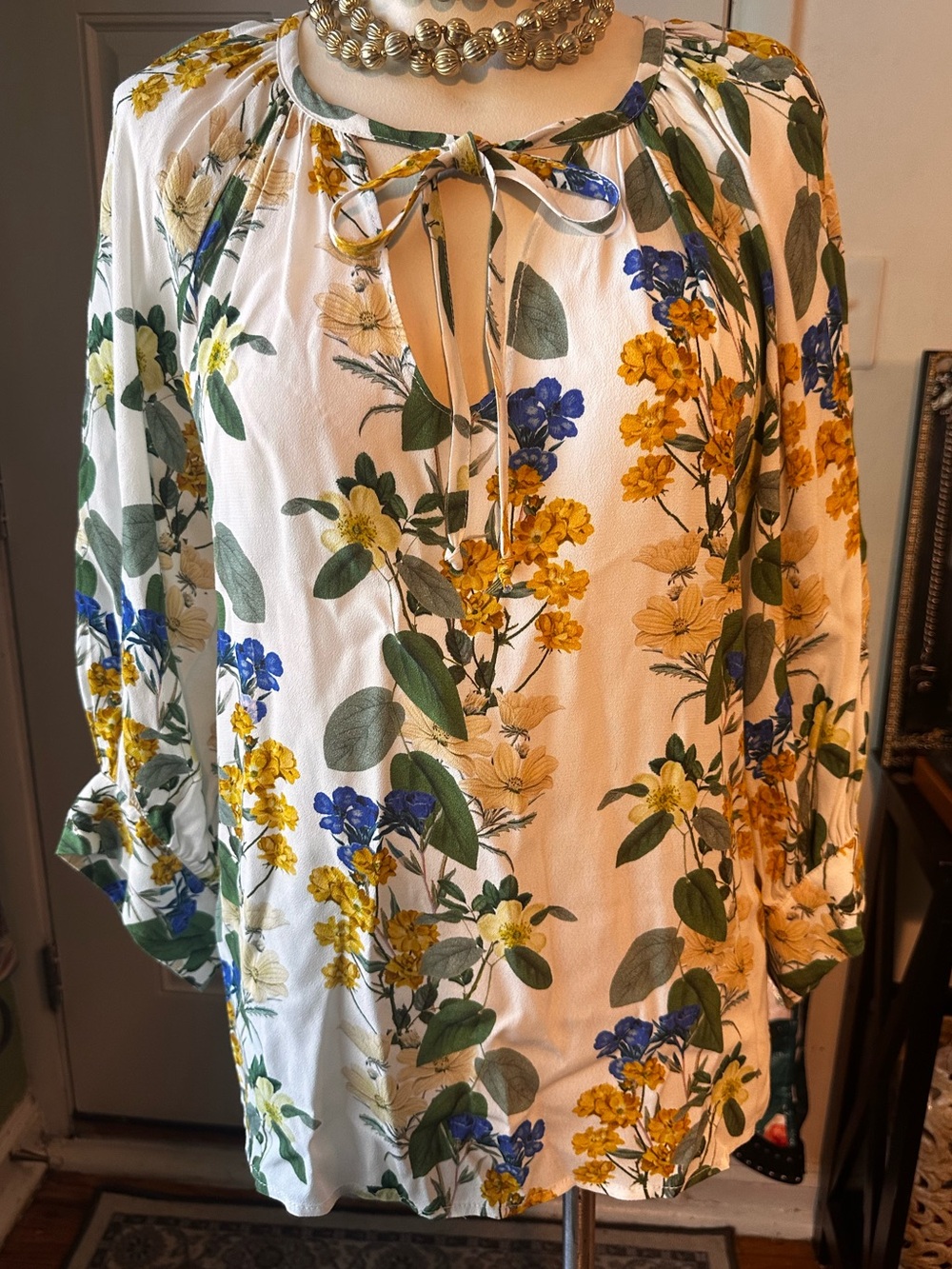 Karen Kane - White Floral Tie-Neck Tunic with Yellow & Blue Flowers